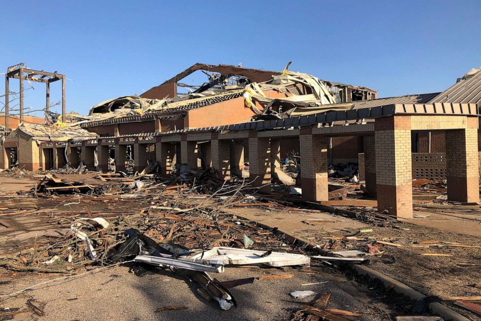 PHOTO: Debris covers the ground around Wynne High school in Wynne, Ark., on April 1, 2023.