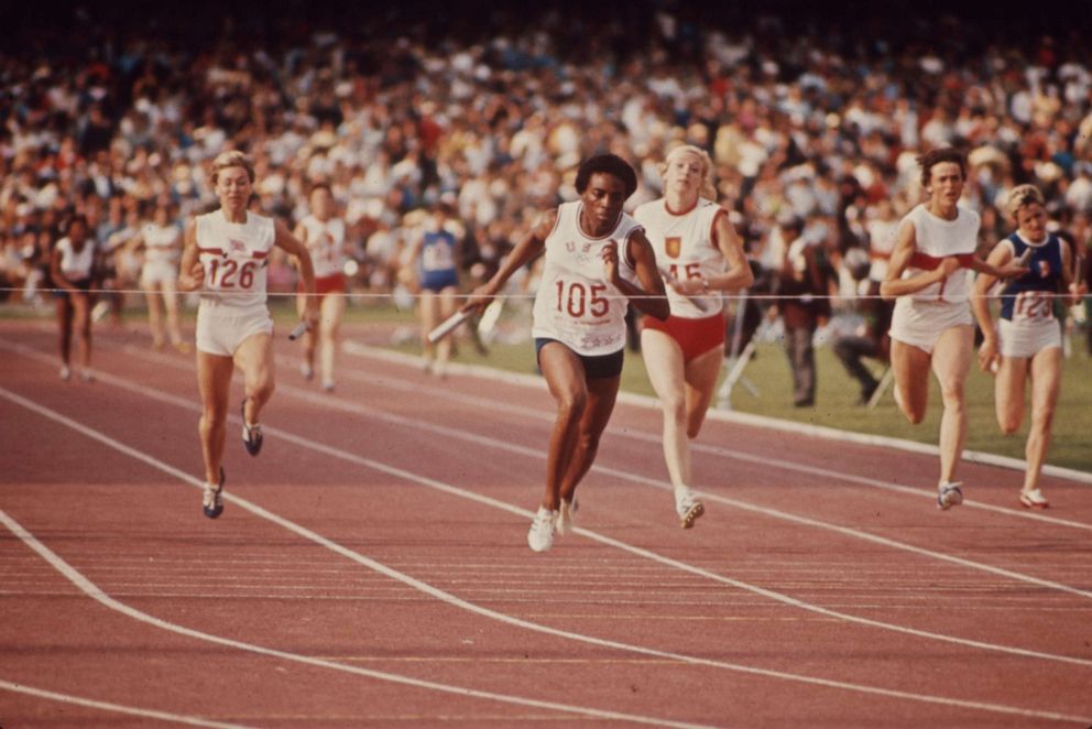 PHOTO: Wyomia Tyus wins the 100 meter relay event at the 1968 Summer Olympics in Mexico City.