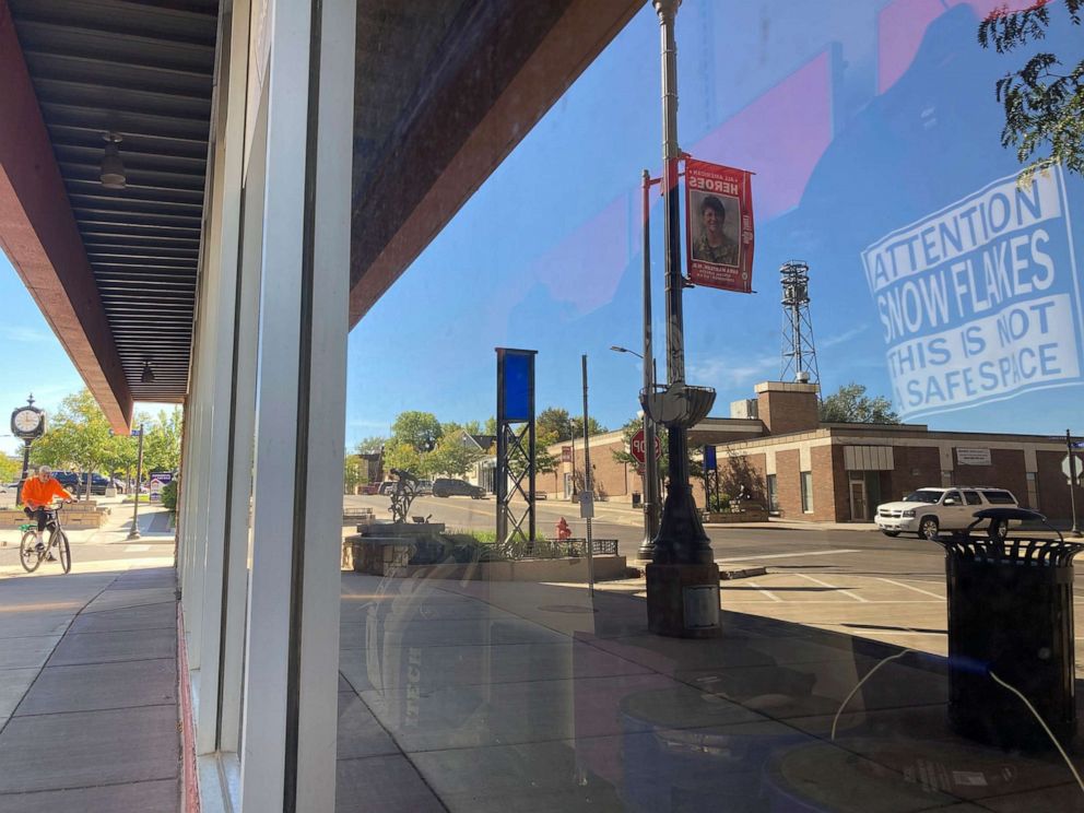 PHOTO: A storefront in downtown Gillette, Wyo., displays a shirt reading, "Attention snowflakes, this is not a safe space," Sept. 21, 2021.