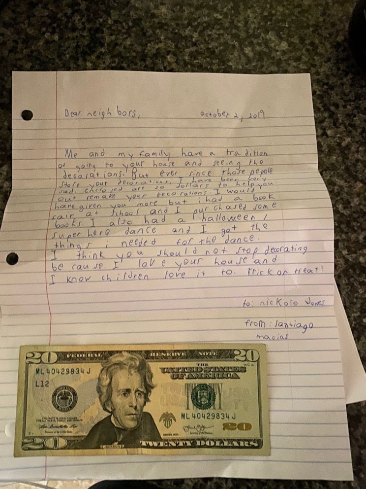 PHOTO:  In October, they got a letter from Santiago Macias, 9, asking them to bring their tradition back. The letter included money to help pay to replace the stolen Christmas pieces.