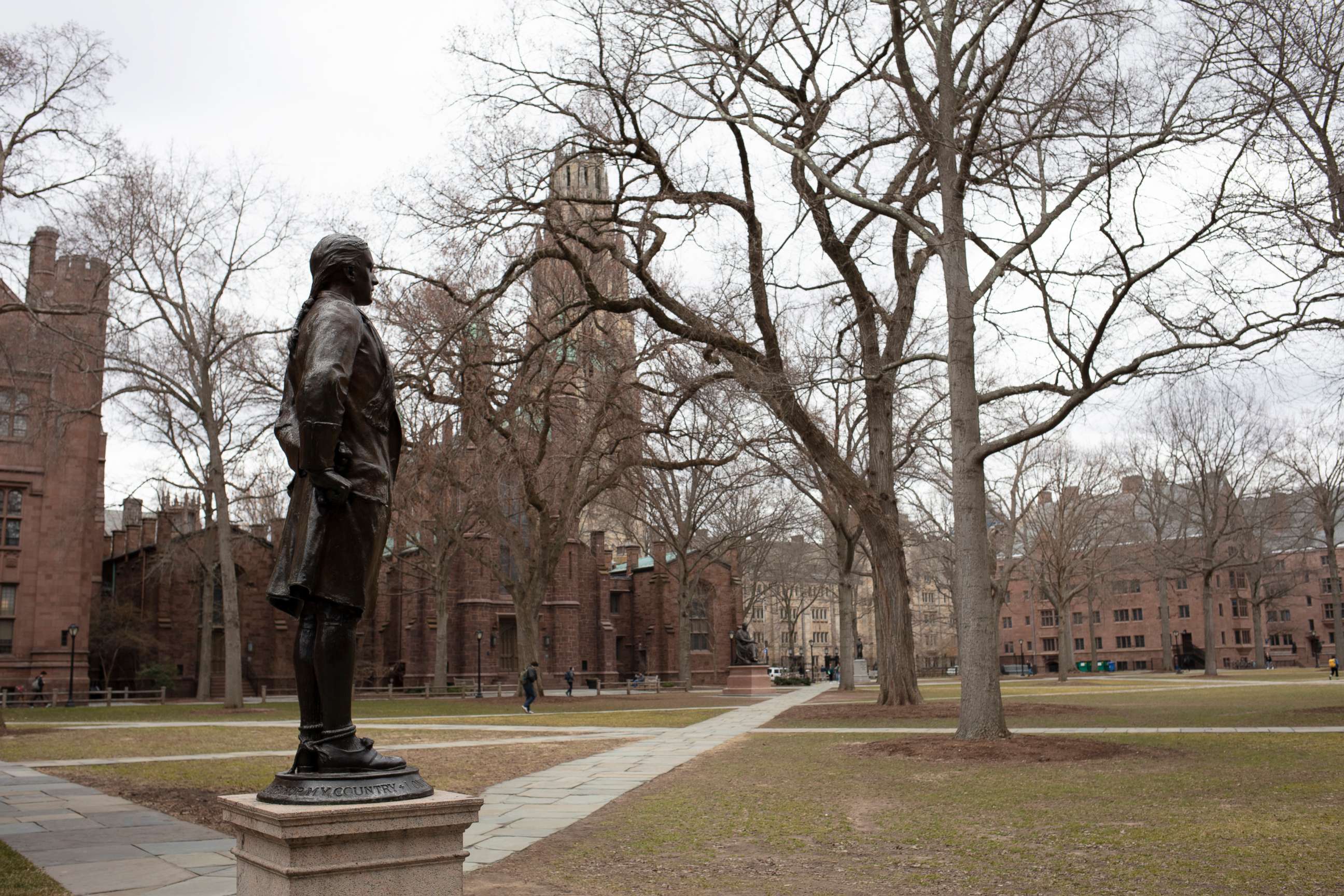 PHOTO: A statue stands on Yale University campus in New Haven, Conn., March 6, 2020.
