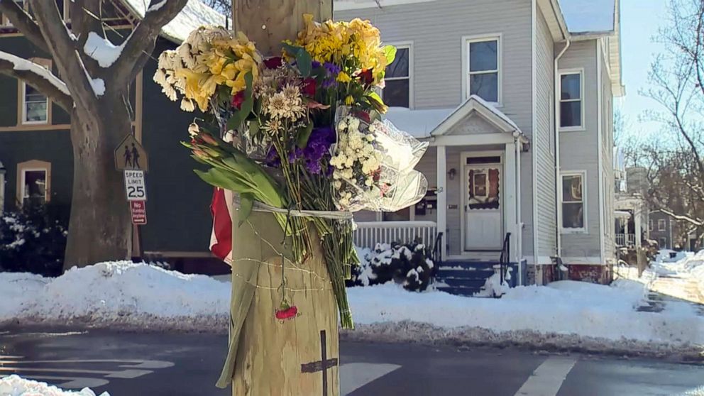 PHOTO: A memorial marks the area near where Yale graduate student Kevin Jiang was killed in New Haven, Conn., on Feb. 6, 2021.