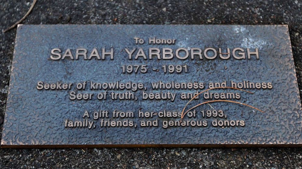 PHOTO: A memorial plaque is shown Jan. 12, 2012, in front of Federal Way High School in Federal Way, Wash., to honor the memory of Sarah Yarborough, who was a student at the school when she was killed in 1991 at the age of 16.
