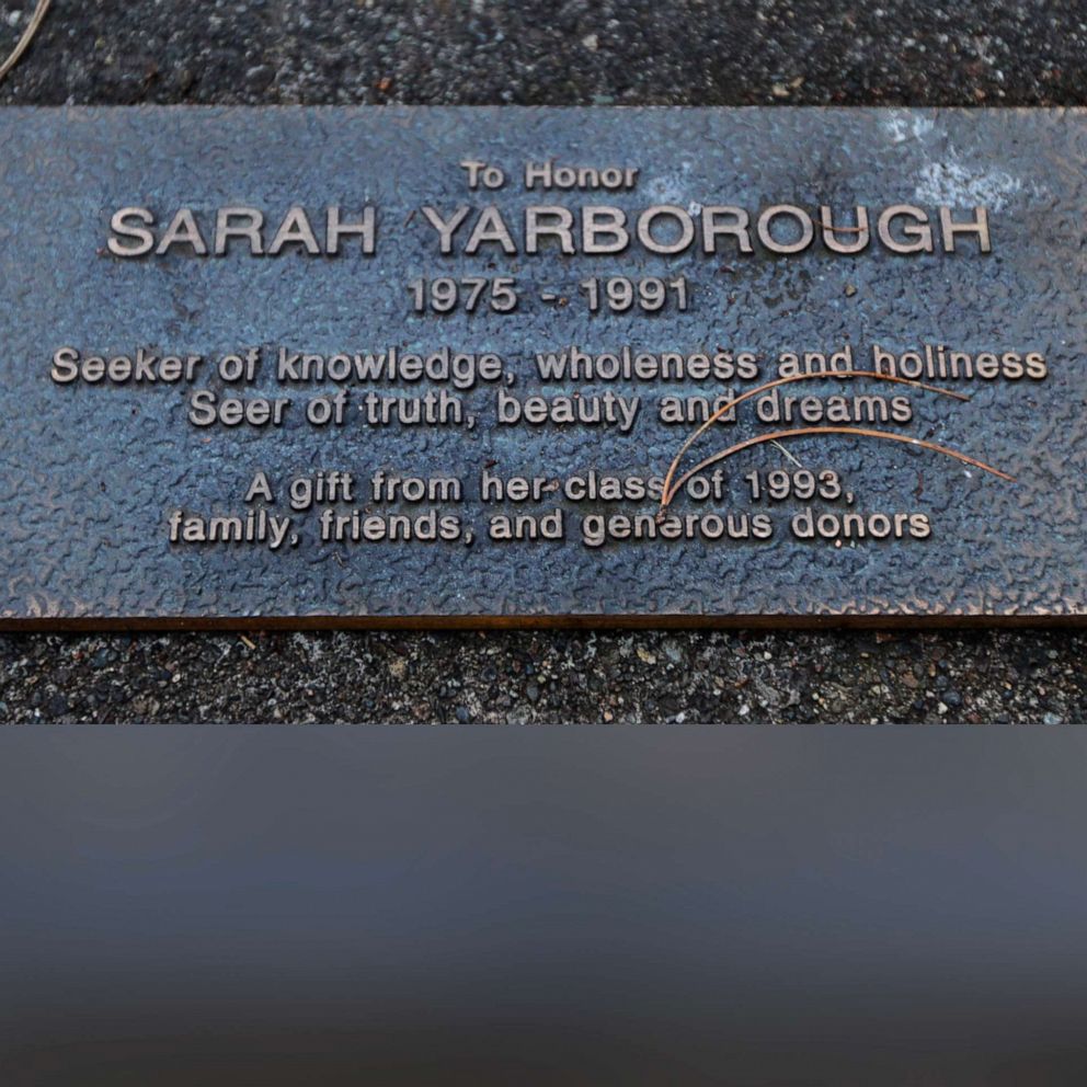 PHOTO: A memorial plaque is shown Jan. 12, 2012, in front of Federal Way High School in Federal Way, Wash., to honor the memory of Sarah Yarborough, who was a student at the school when she was killed in 1991 at the age of 16.