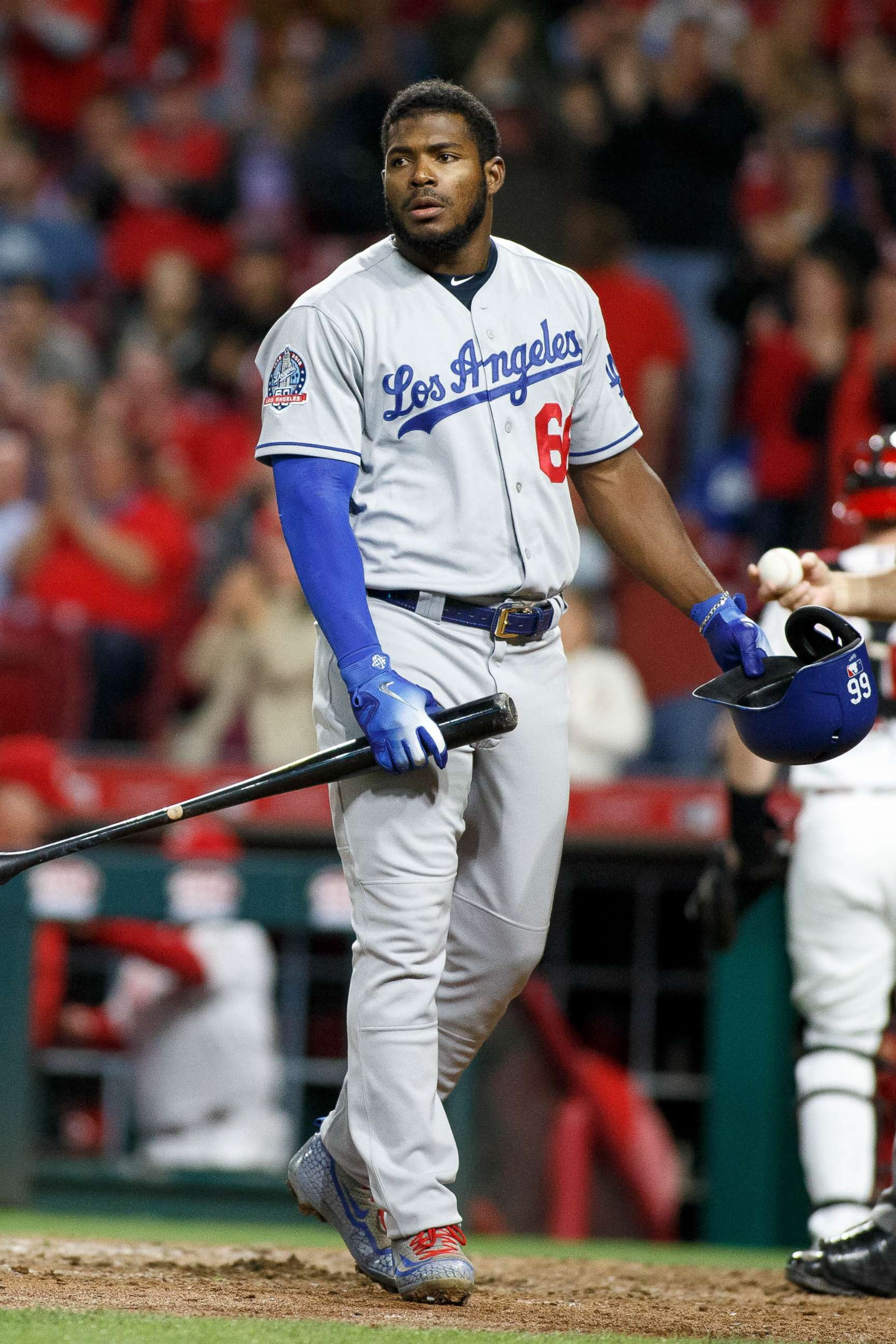 PHOTO: Yasiel Puig of the Los Angeles Dodgers reacts after grounding out against the Cincinnati Reds on Sept. 10, 2018 in Cincinnati, Ohio.