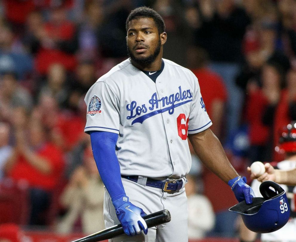 Yasiel Puig of the Los Angeles Dodgers reacts after grounding out against the Cincinnati Reds on Sept. 10, 2018 in Cincinnati, Ohio.