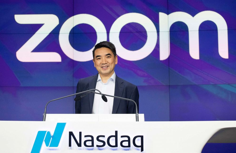 PHOTO: Zoom CEO Eric Yuan attends the opening bell at Nasdaq as his company holds its IPO, Thursday, April 18, 2019, in New York.