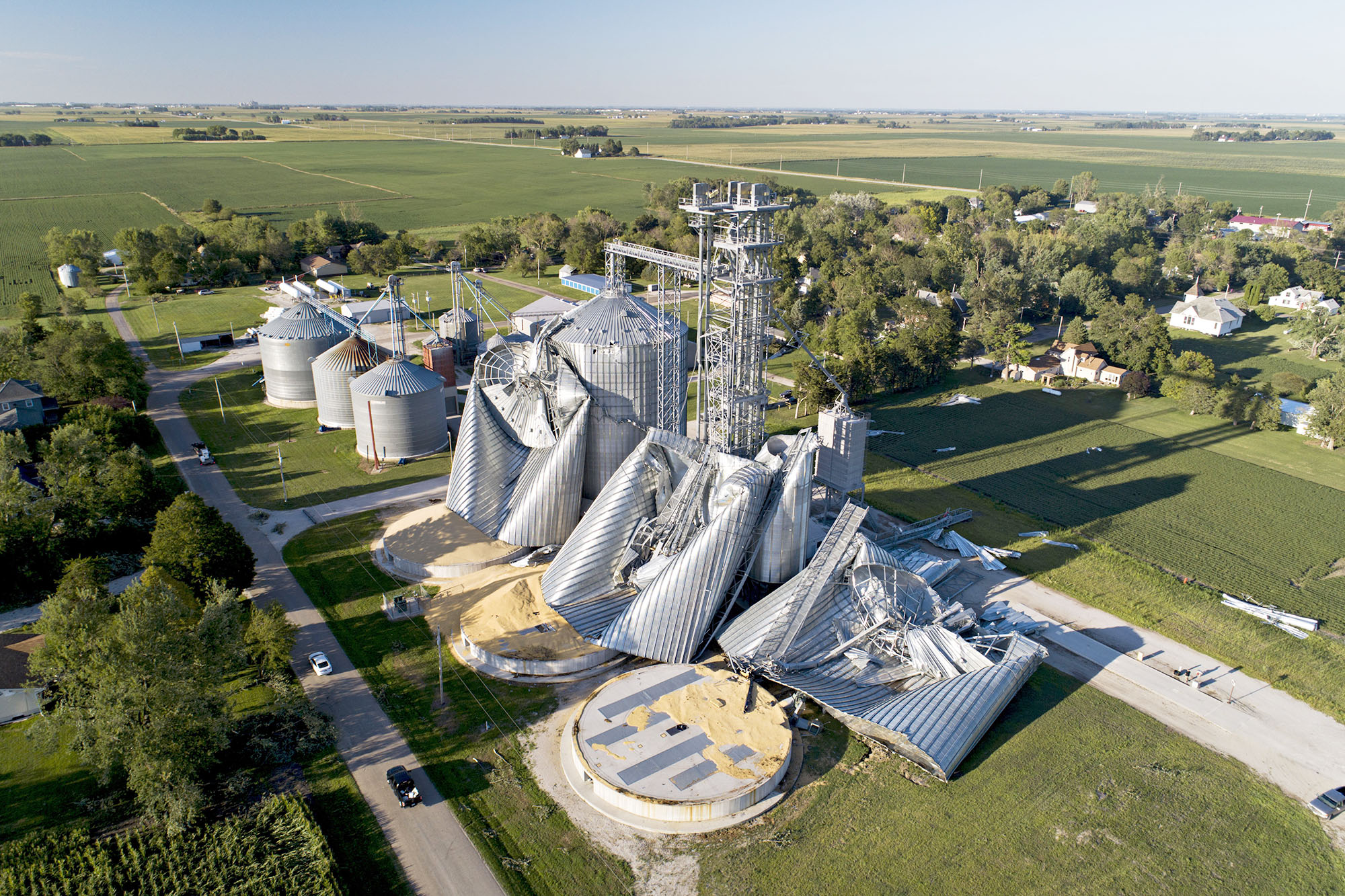 PHOTO: Grain bins at the Heartland Co-op grain elevator lay damaged by a powerful storm that battered the region in Luther, Iowa, Aug. 11, 2020.