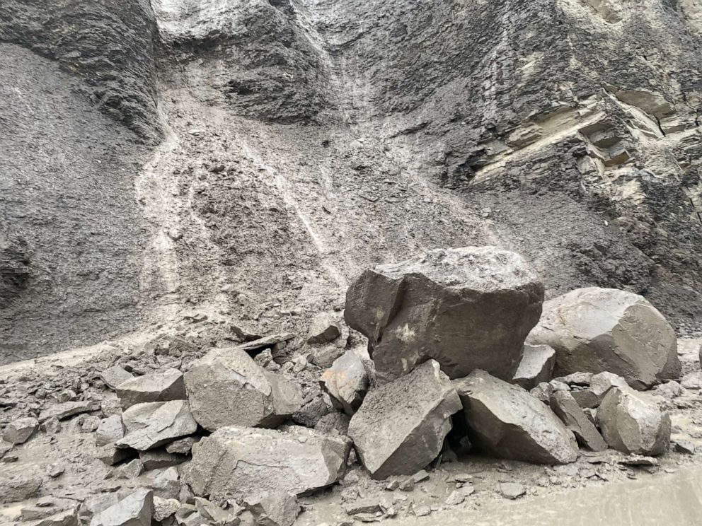 PHOTO: Debris after a rockslide in Gardner Canyon after heavy rains in Yellowstone National Park at Rescue Creek, June 13, 2022.