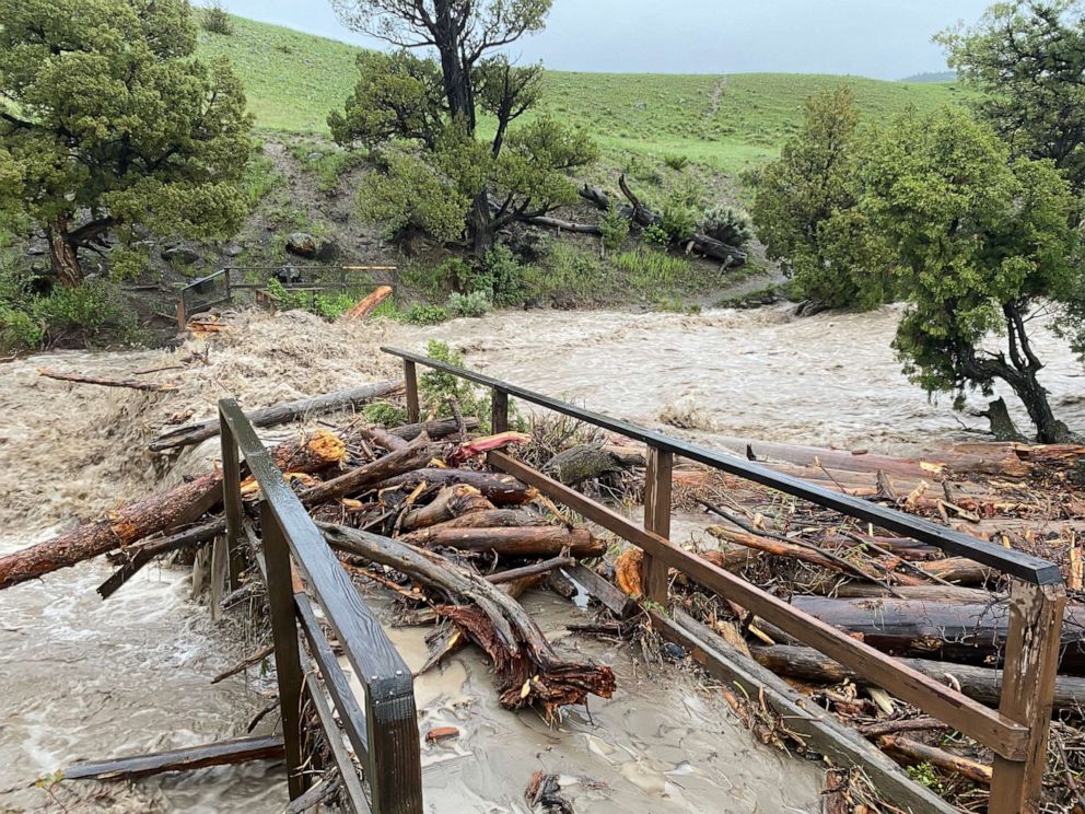 PHOTO: A bridge is washed out with floodwater and debris after heavy rains in Yellowstone National Park at Rescue Creek, June 13, 2022.