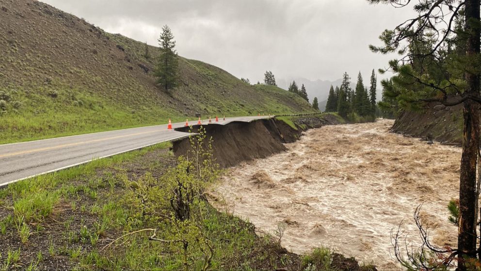 PHOTO: The Lamar River erodes the northeast entrance road after heavy rains in Yellowstone National Park at Rescue Creek, June 13, 2022.