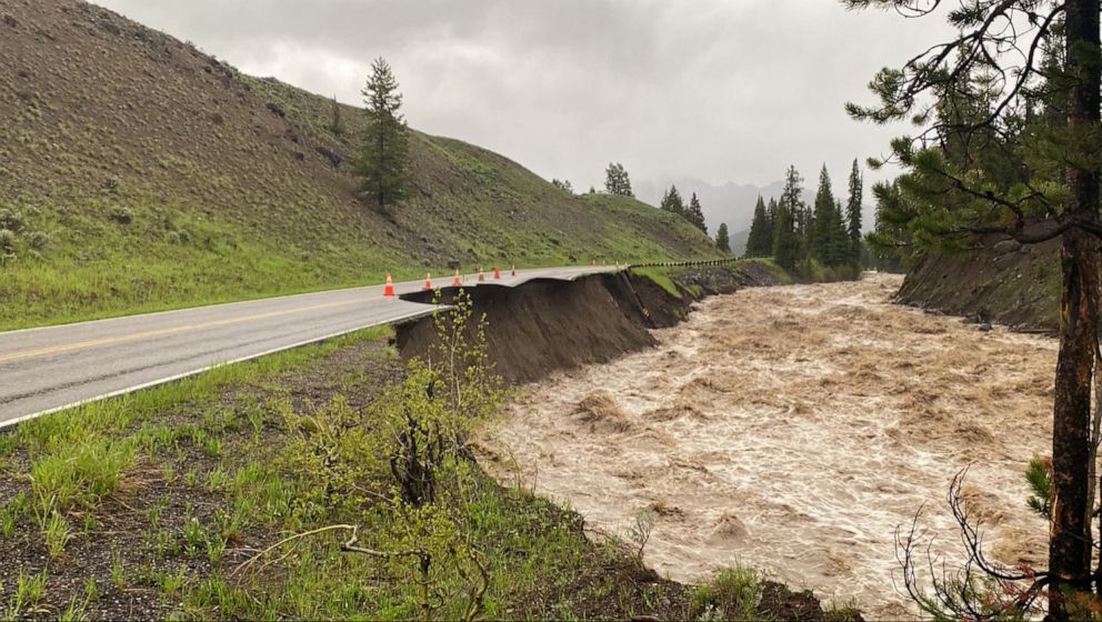 PHOTO: The Lamar River erodes the Northeast Entrance Road after heavy rains in Yellowstone National Park at Rescue Creek, June 13, 2022.