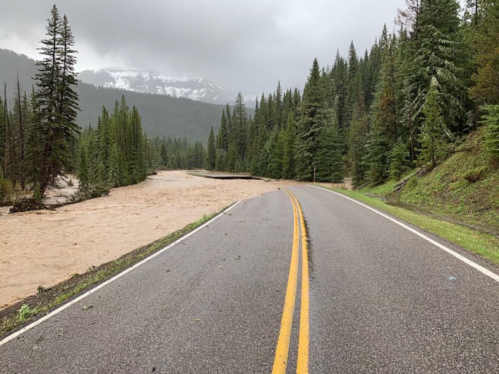 PHOTO: The northeast entrance road near the Soda Butte picnic area eroded after heavy rains in Yellowstone National Park at Rescue Creek on June 13, 2022.