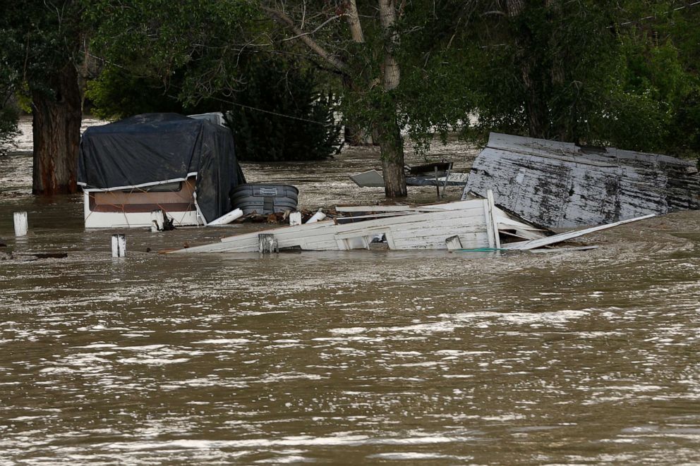 PHOTO: Floodwaters inundated property along the Clarks Fork Yellowstone River near Bridger, Mont, June 13, 2022.