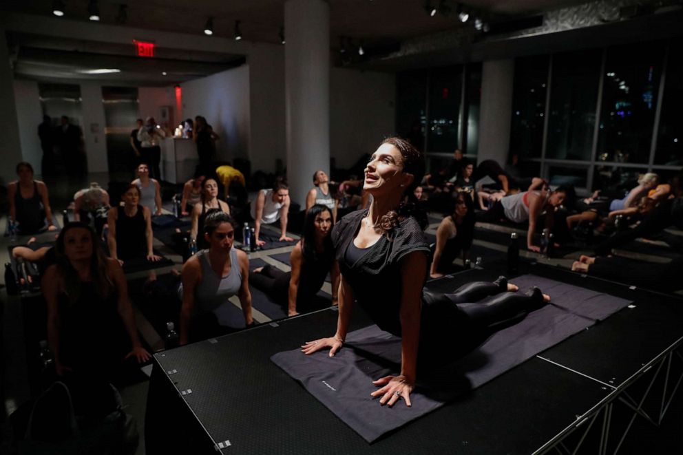 PHOTO: Hilaria Baldwin leads a yoga class at the Carbon38 and Hilaria Baldwin Host "Om For A Cause" for Girls, Inc at the Glass Houses, Dec. 3, 2018 in New York.