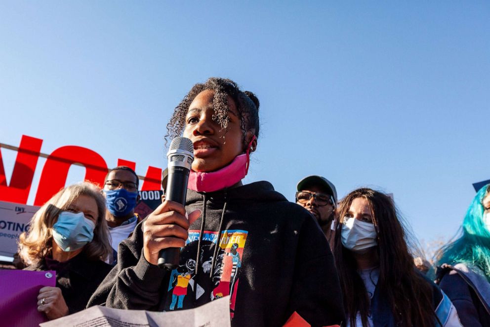 PHOTO: Yolanda Renee King, granddaughter of Dr. Martin Luther King Jr., speaks at a rally before a civil disobedience action at the White House, Nov. 3, 2021.