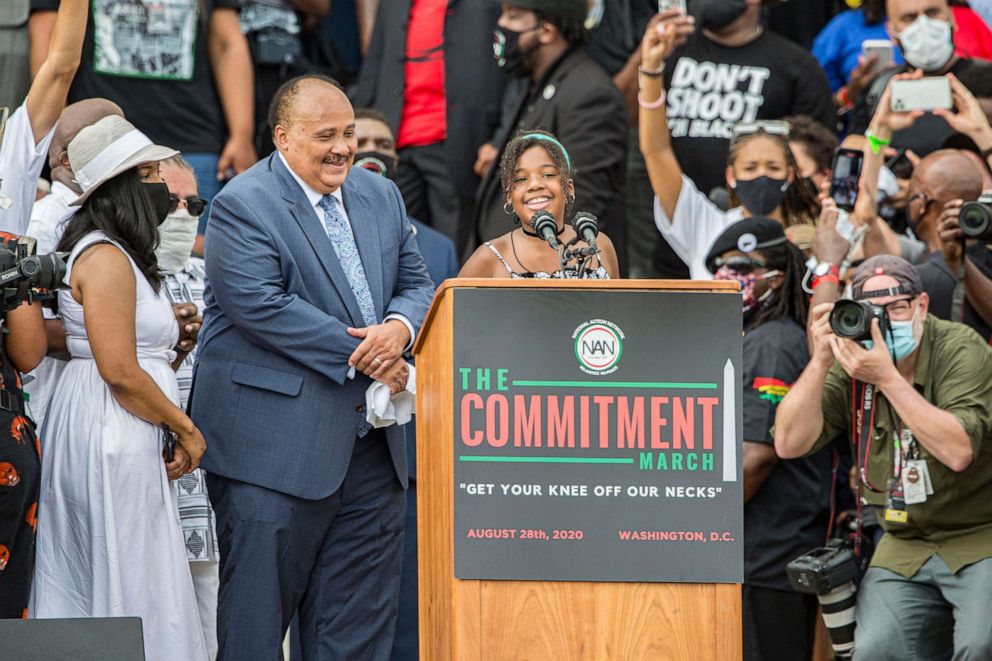 PHOTO: Yolanda Renee King (R), granddaughter of Martin Luther King Jr., speaks next to her father Martin Luther King III, and mother Arndrea Waters King at the 2020 March on Washington, at the Lincoln Memorial, Aug. 28, 2020, in Washington, D.C.