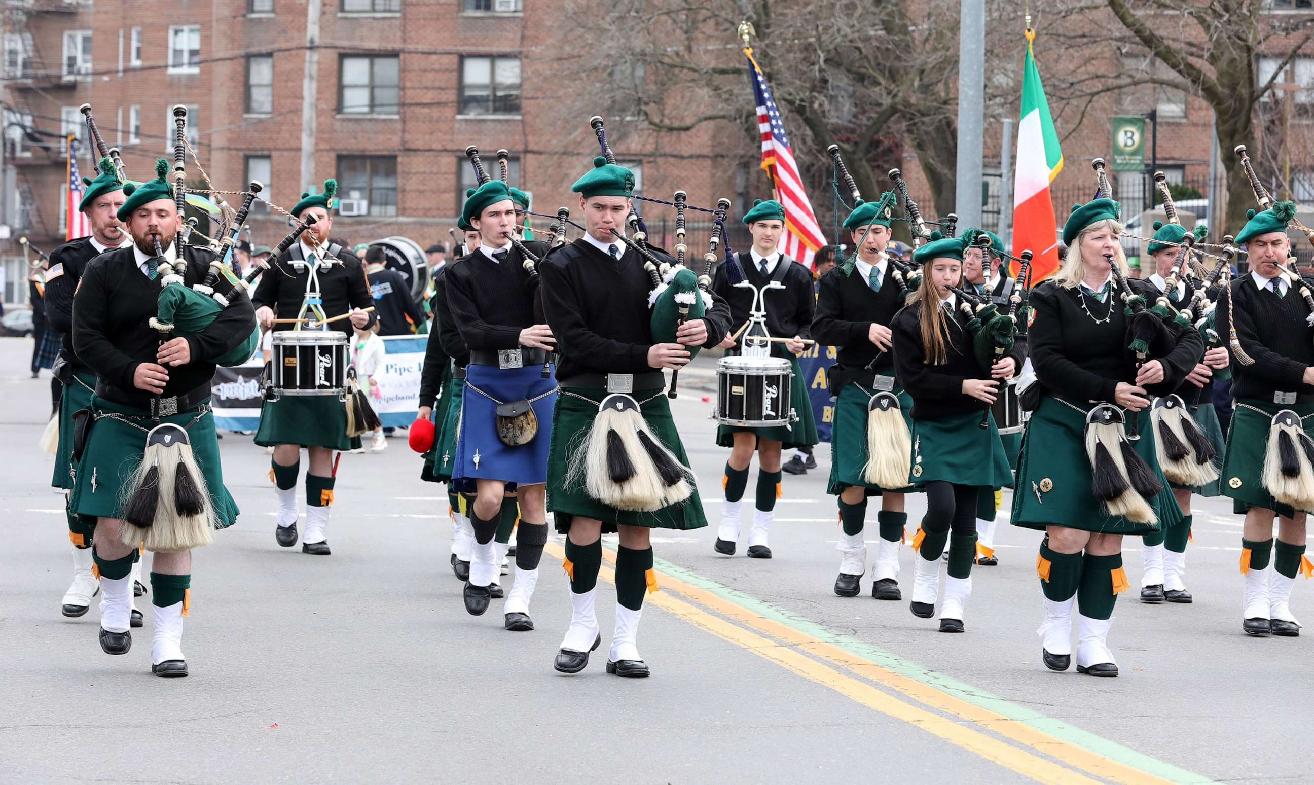 PHOTO: In this March 19, 2022, file photo, bagpipers march in the St. Patrick's Day Parade in Yonkers, N.Y.