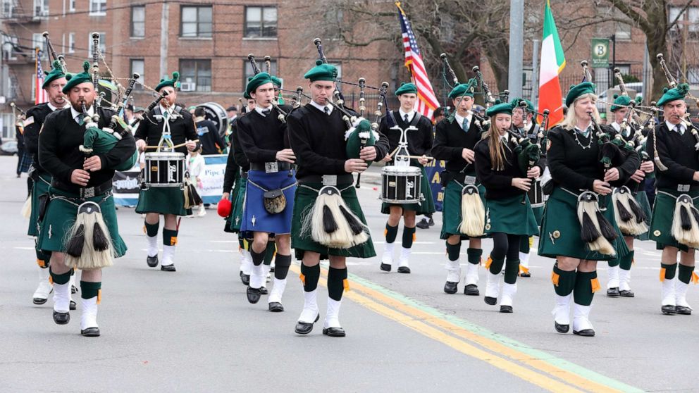 PHOTO: In this March 19, 2022, file photo, bagpipers march in the St. Patrick's Day Parade in Yonkers, N.Y.
