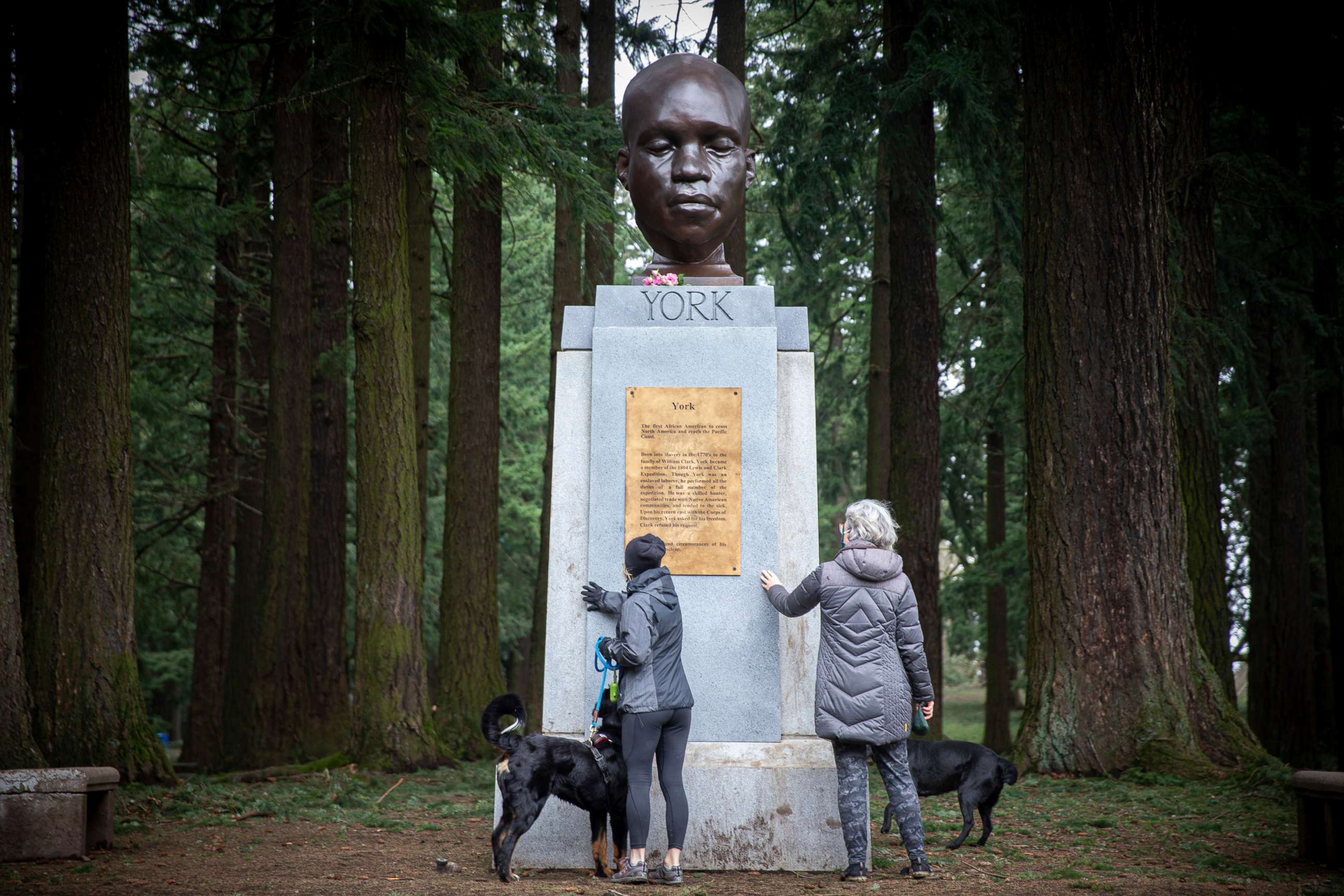 PHOTO: A bust of York, a member of the Lewis and Clark expedition, is seen on Mount Tabor in southeast Portland, Ore., Feb. 21, 2021, after it appeared there the day before.