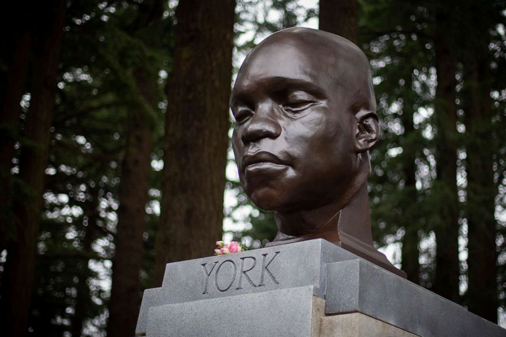 PHOTO: A bust of York, a member of the Lewis and Clark expedition, is seen on Mount Tabor in southeast Portland, Ore., Feb. 21, 2021, after it appeared there the day before.
