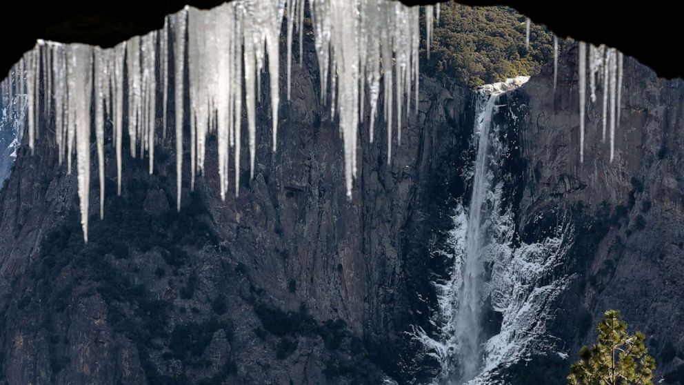 PHOTO: FILE - Ice is seen at waterfall in Yosemite National Park, Calif., Feb. 16, 2023.