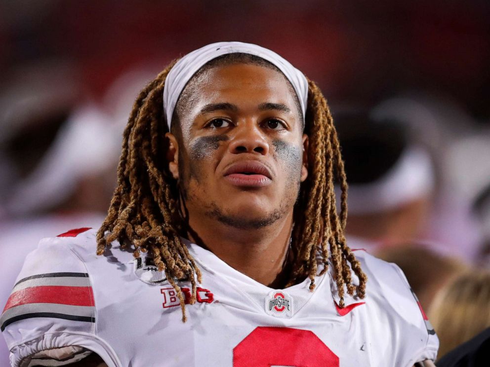 PHOTO: In this Oct. 18, 2019, file photo, Ohio State defensive end Chase Young looks at the scoreboard during the second half of an NCAA college football game against Northwestern, in Evanston, Ill.