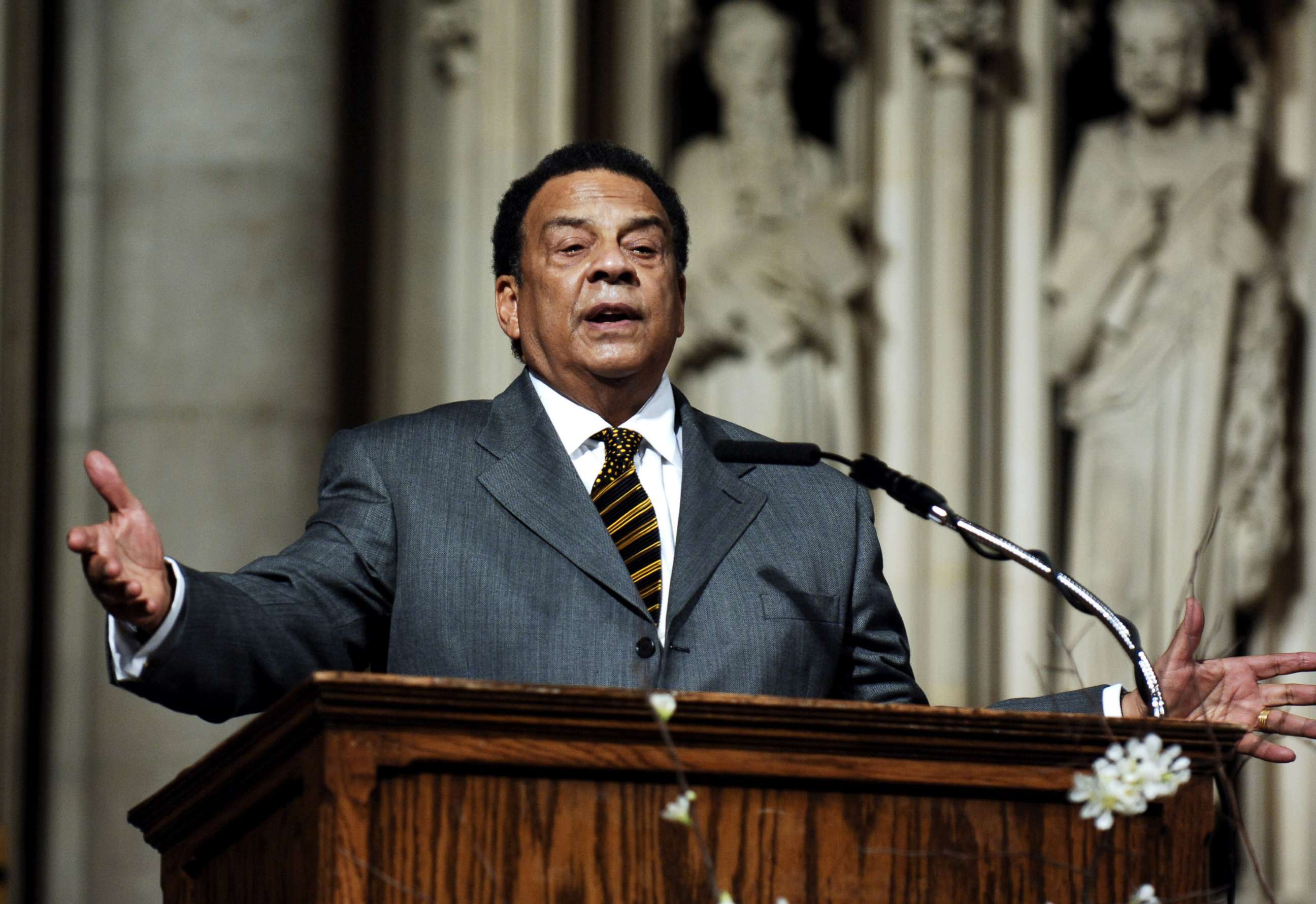 PHOTO: Andrew Young addresses the audience at The "Realizing the Dream" Martin Luther King Jr Tribute at Riverside Church in New York, Jan. 15, 2006. 