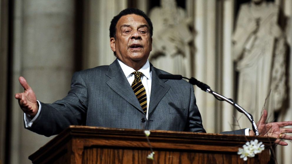 PHOTO: Andrew Young addresses the audience at The "Realizing the Dream" Martin Luther King Jr Tribute at Riverside Church in New York, Jan. 15, 2006. 