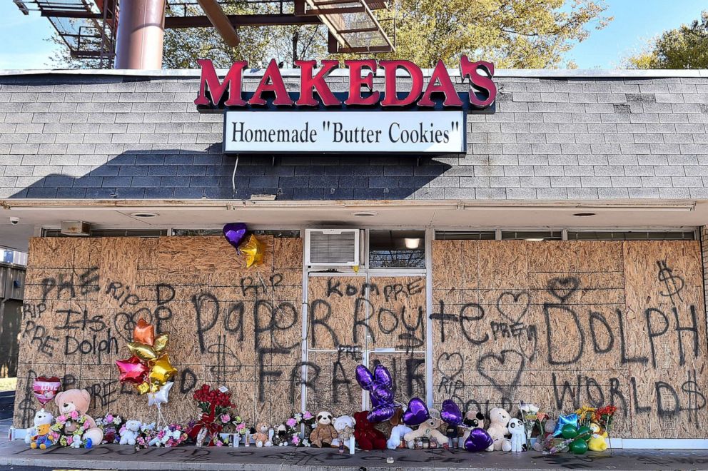PHOTO: Fans of Young Dolph set up a memorial outside of Makeda's Cookies bakery, Nov. 18, 2021 in Memphis, Tennessee.