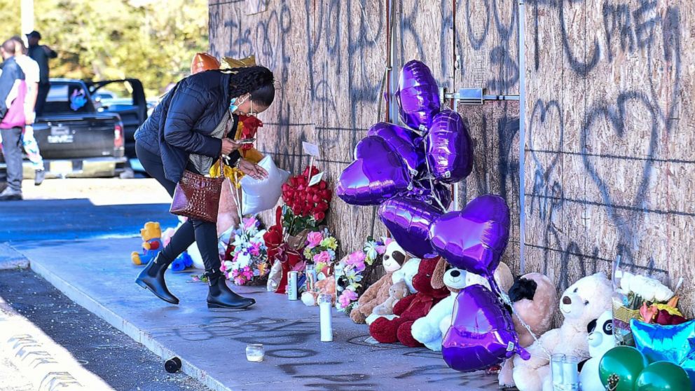 PHOTO: Fans of Young Dolph set up a memorial outside of Makeda's Cookies bakery on November 18, 2021, in Memphis.