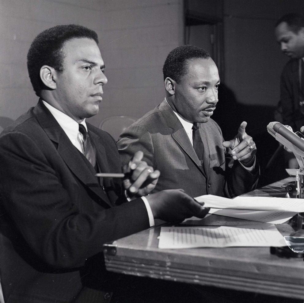 PHOTO: Dr. Martin Luther King, Jr., right, at a press conference accompanied by his aide Reverend Andrew Young, in Chicago, March 24, 1967.