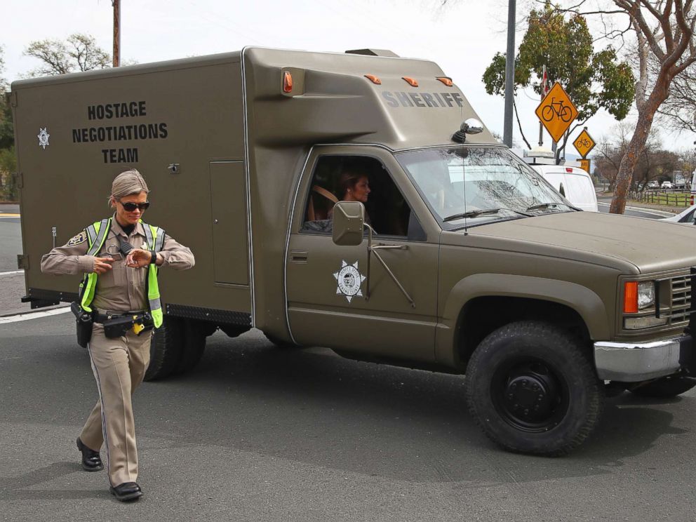 PHOTO: A sheriffs hostage negotiation team passes a California highway patrol checkpoint at the Veterans Home of California in Yountville, Calif., March 9, 2018.