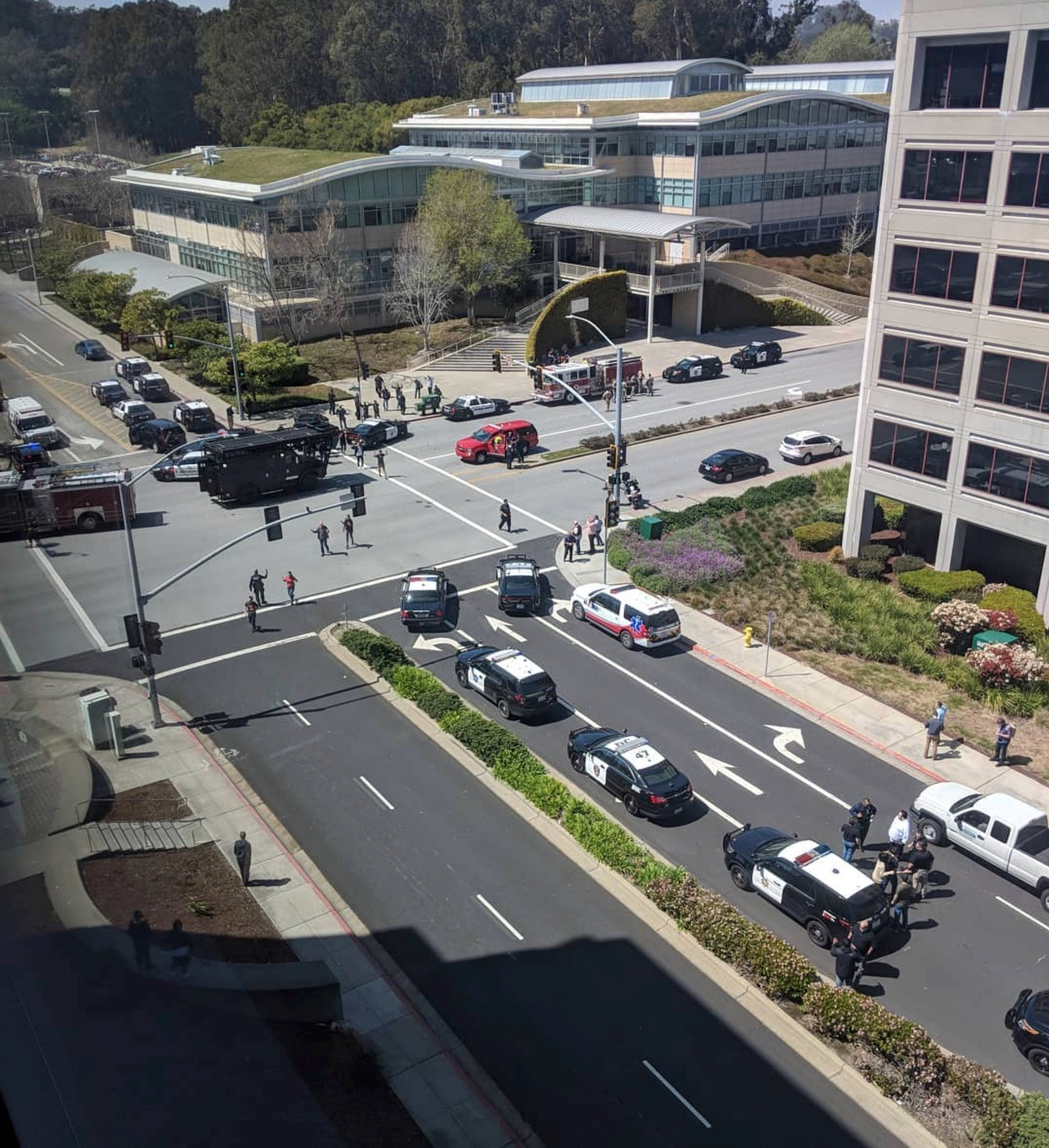 PHOTO: Responders are seen following reports of a shooting at the headquarters of YouTube, in San Bruno, Calif., April 3, 2018.