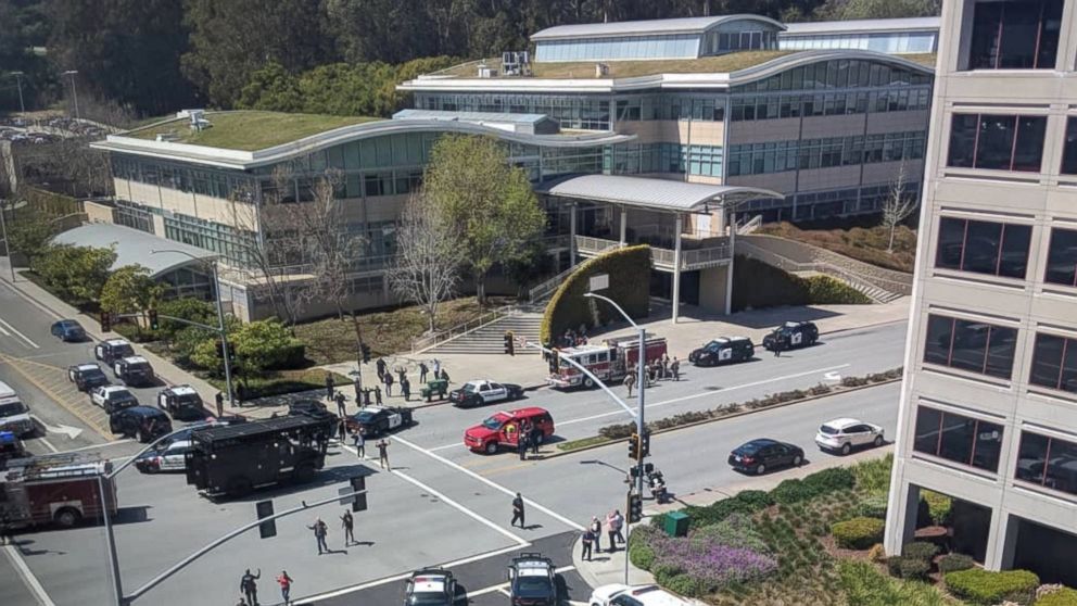 PHOTO: Responders are seen following reports of a shooting at the headquarters of YouTube, in San Bruno, Calif., April 3, 2018.