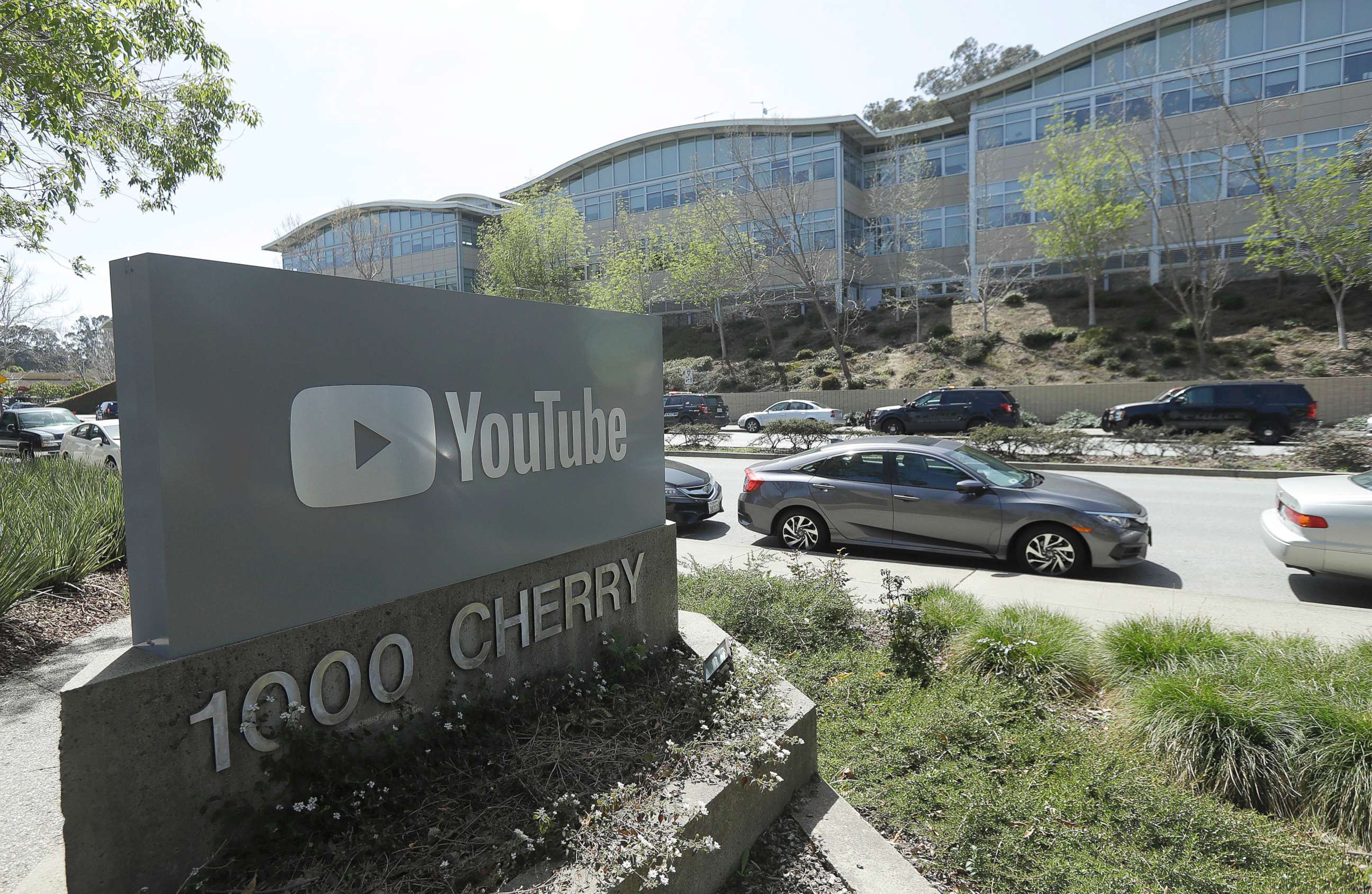PHOTO: A YouTube sign is shown across the street from the company's offices in San Bruno, Calif., April 3, 2018.