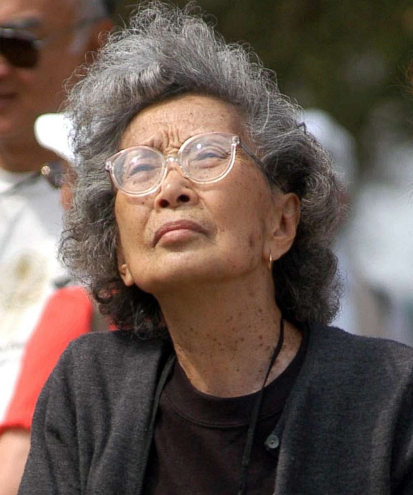 PHOTO: Yuri Kochiyama looks at a memorial erected for the inhabitants of a Japanese-American World War II incarceration camp in Rohwer, Ark., Sept. 26, 2004.