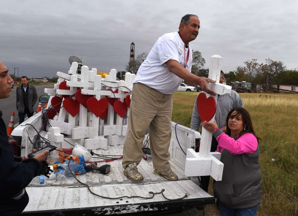 PHOTO: Carpenter Greg Zanis unloads his crosses outside the First Baptist Church which was the scene of the mass shooting that killed 26 people in Sutherland Springs, Texas,  Nov. 8, 2017.
