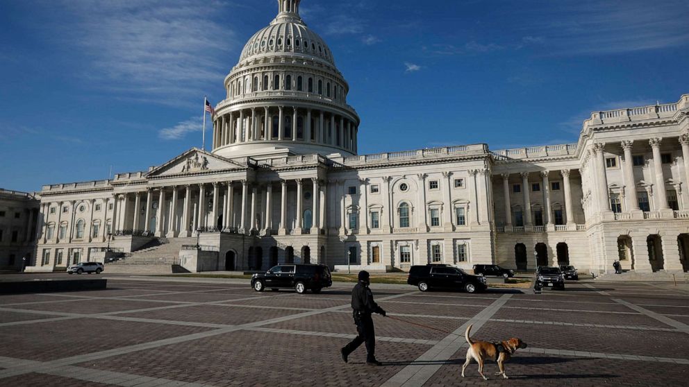 PHOTO: A U.S. Capitol Police officer and K9 patrol the East Front of the U.S. Capitol, Dec. 21, 2022 in Washington, DC.