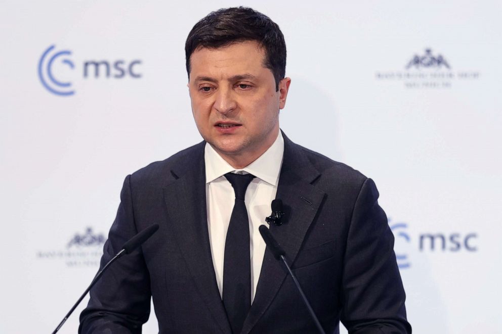 PHOTO: Ukrainian President Volodymyr Zelenskyy delivers a statement on Feb. 19, 2022, in Munich, Germany.