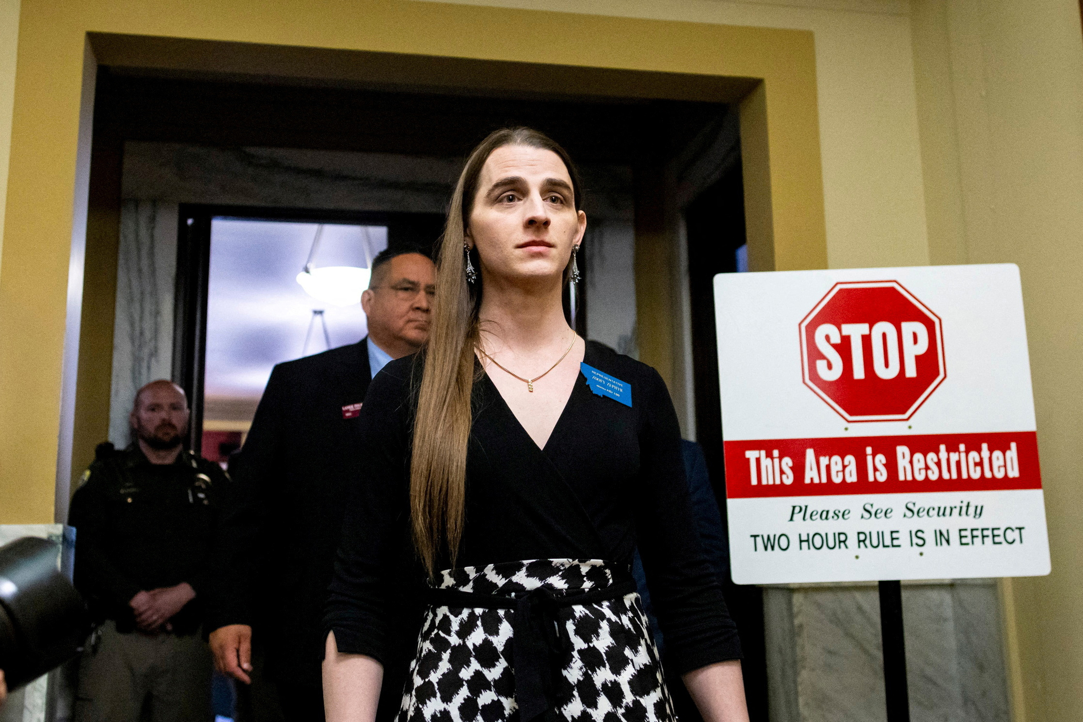 PHOTO: Montana State Representative Zooey Zephyr leaves the House chamber after a motion to bar her passed, at the Montana State Capitol in Helena, Mont., April 26, 2023.