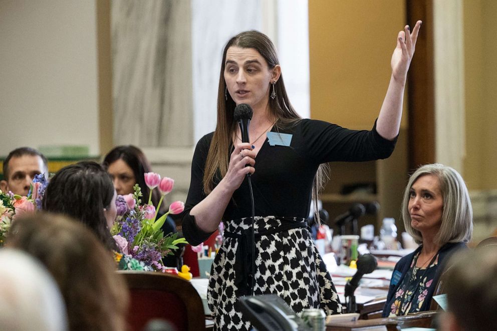 PHOTO: Zooey Zephyr speaks on the House floor for the first time in a week during a session at the Montana State Capitol in Helena, Mont., April 26, 2023.