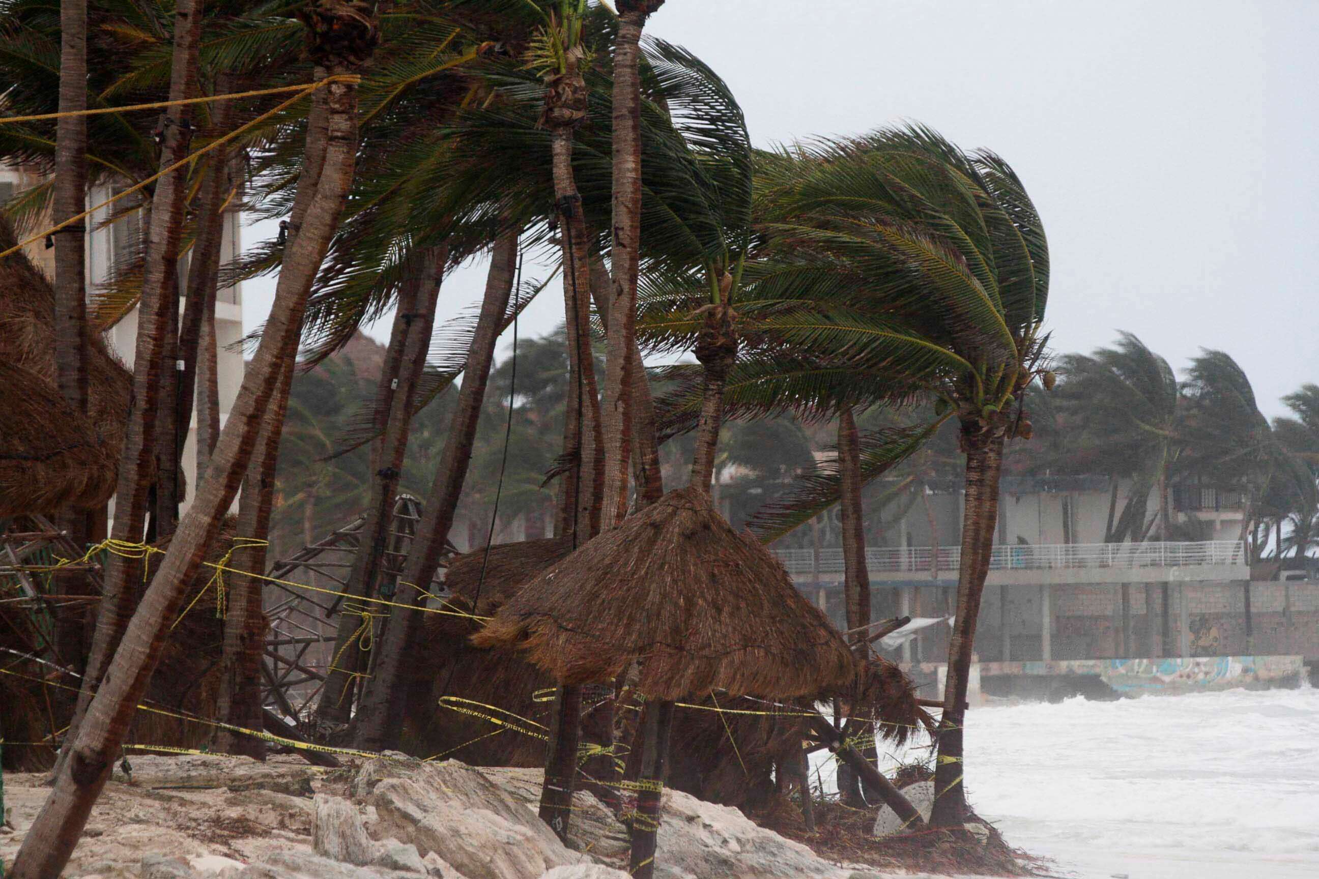 PHOTO: Winds blow palm trees from Hurricane Zeta in Playa del Carmen, Mexico, Oct. 27, 2020. 