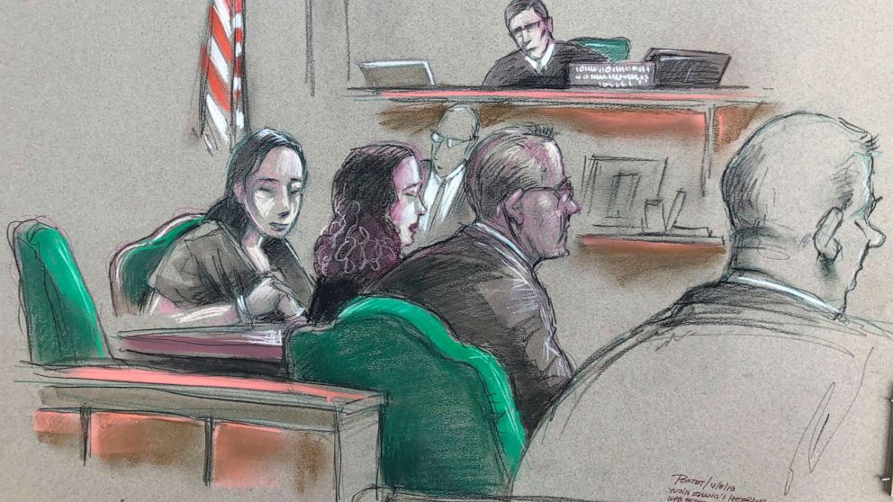 PHOTO: In this artist sketch, a Chinese woman, Yujing Zhang, left, listens to a hearing Monday, April 8, 2019, before federal Magistrate Judge William Matthewman in West Palm Beach, Fla.