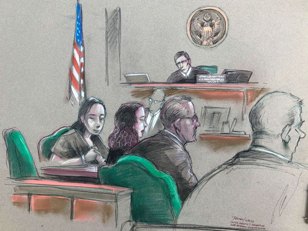 PHOTO: In this artist sketch, a Chinese woman, Yujing Zhang, left, listens to a hearing Monday, April 8, 2019, before federal Magistrate Judge William Matthewman in West Palm Beach, Fla.