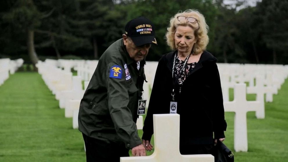 PHOTO: World War II veteran Onofrio Zicari, 96, revisited the grave marker of friend Donald E. Simmons, who died on D-Day.