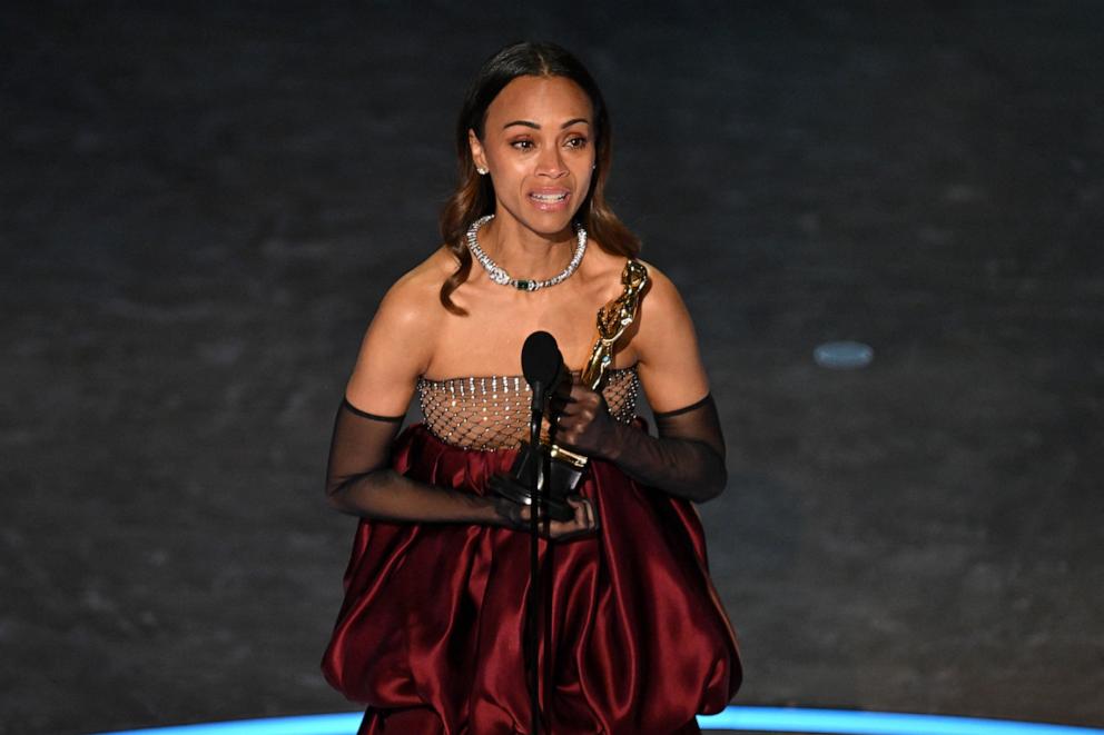 PHOTO: Zoe Saldana accepts the award for Best Actress in a Supporting Role for "Emilia Perez" onstage during the 97th Annual Academy Awards at the Dolby Theatre in Hollywood, Calif., on March 2, 2025.