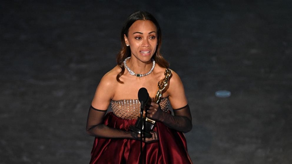 PHOTO: Zoe Saldana accepts the award for Best Actress in a Supporting Role for "Emilia Perez" onstage during the 97th Annual Academy Awards at the Dolby Theatre in Hollywood, Calif., on March 2, 2025.