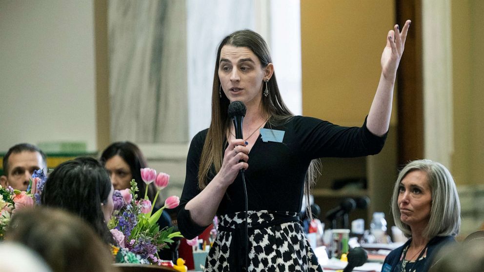 PHOTO: Zooey Zephyr speaks on the House floor for the first time in a week during a session at the Montana State Capitol in Helena, Mont., April 26, 2023.