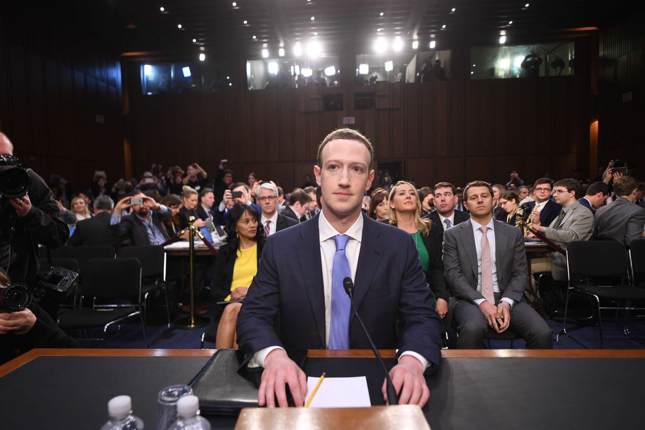 PHOTO: Facebook CEO Mark Zuckerberg arrives to testify before a joint hearing of the Senate Commerce, Science and Transportation Committee and Senate Judiciary Committee on Capitol Hill, April 10, 2018. 